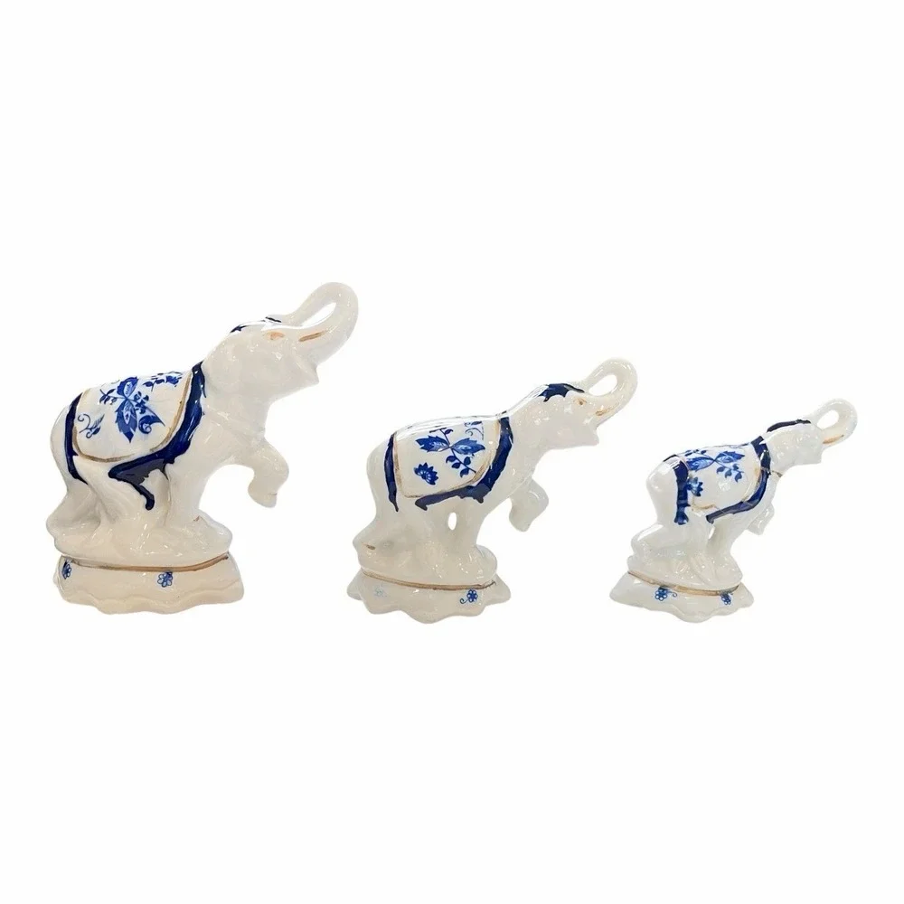 Vintage‎ Lot of 3 Blue Gold White Elephant Decor ~ Small Med Large